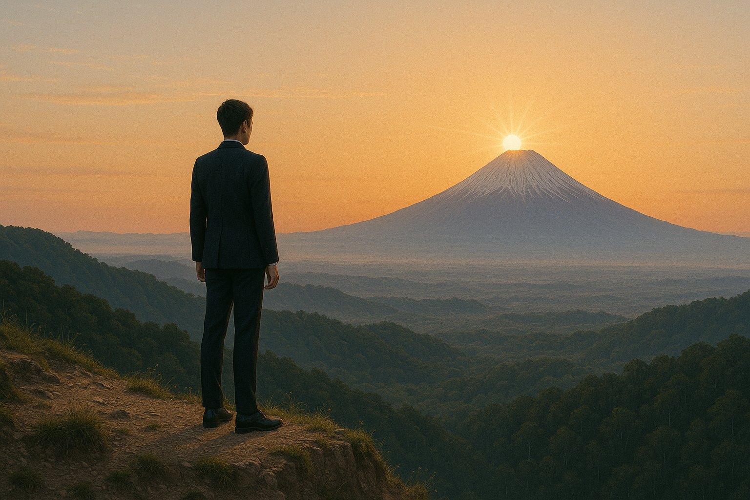 日の出の富士山を望む